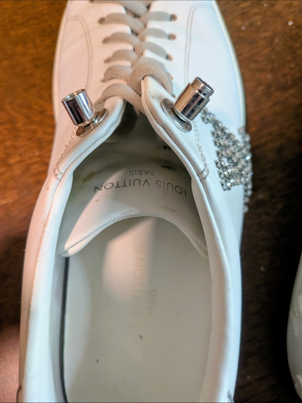 Louis Vuitton White Leather Platform Sneaker with Crystal LV Logo - Picture 7 of 9